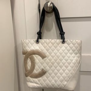 Authenticated CHANEL White Cambon Tote EXOTIC leather bag quilted purse